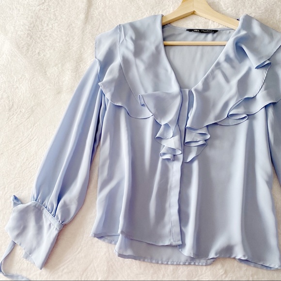 Zara Soft Blue Ruffle Neck Button Down Flared Sleeve Blouse - Picture 4 of 11